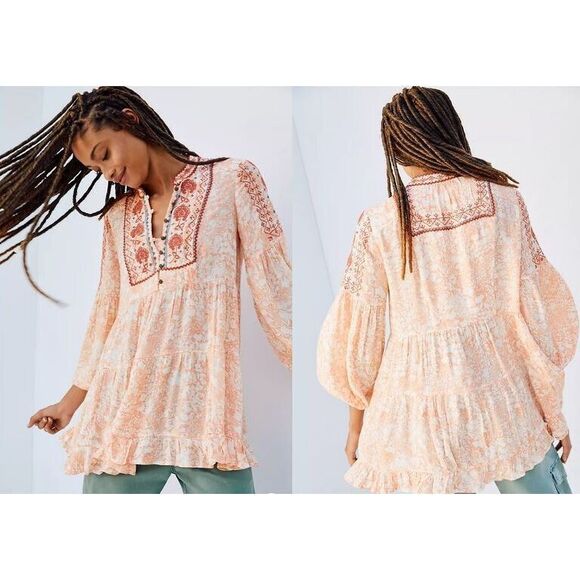 Anthropologie Claudia Embroidered Babydoll Tunic Blouse Peasant Top Boho Sz XXS - Picture 1 of 9
